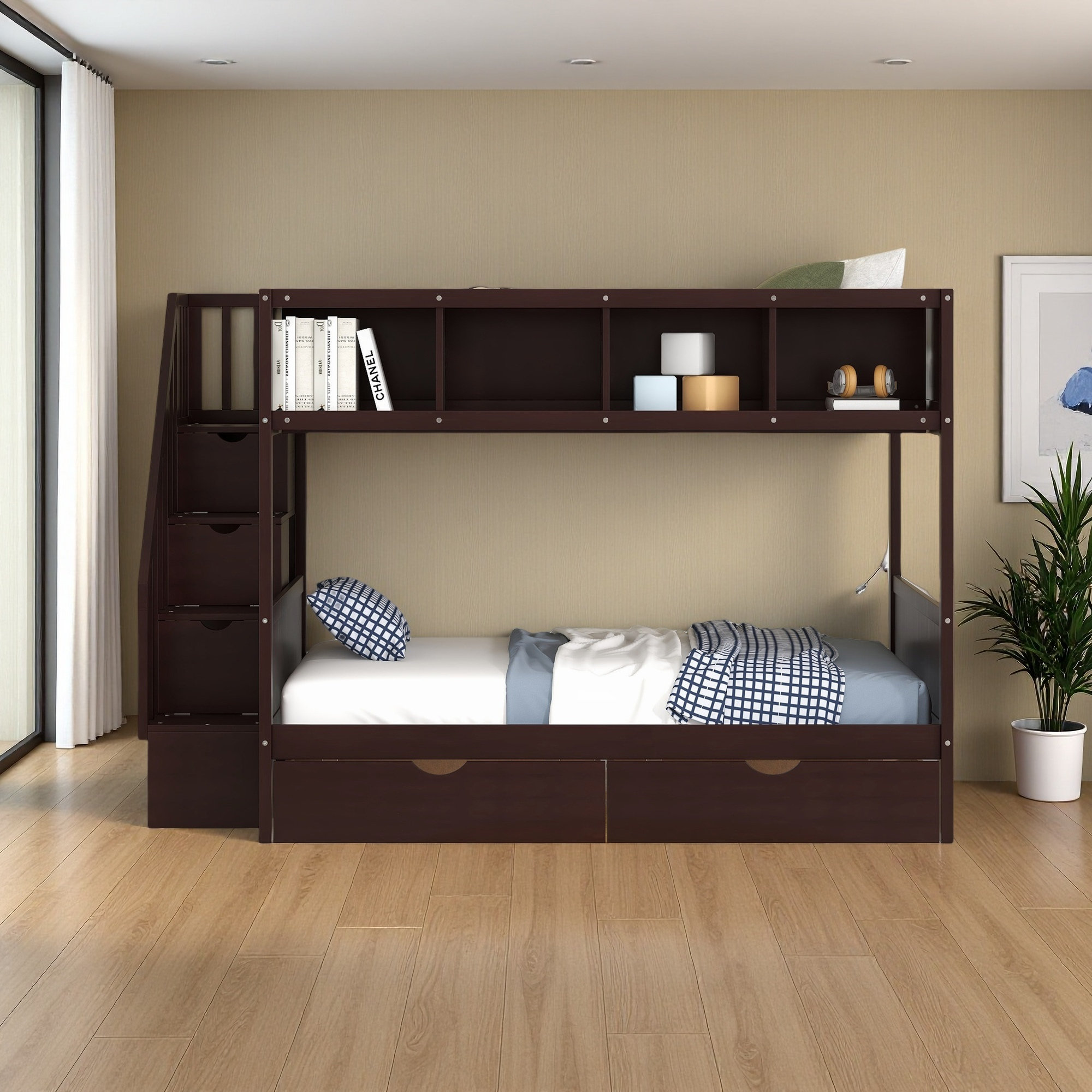 Latitude Run® Twin Over Full Bunk Bed With Shelfs, Storage Staircase ...