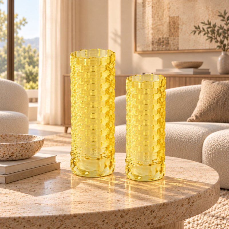 Fleurine Tall Frosted Textured Glass Table Vase Set of 2, Colored Glass, Yellow, Yellow