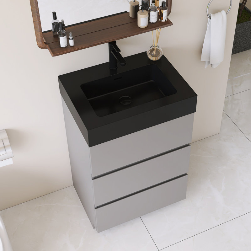 24" Freestanding Single Bathroom Vanity With Black Engineered quartz basin, Grey, Black, 24"
