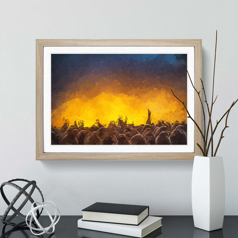 King Penguins & Orange Sunset in Abstract - Picture Frame Graphic Art Print, 40cm H x 60cm W x 2cm D, Oak
