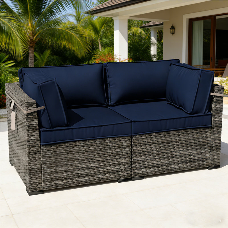 2-Person Outdoor Wicker Armchair with Cushions, Blue