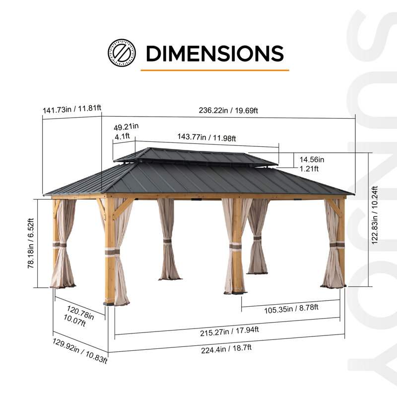 SUNJOY 12x20 Cedar Wood Gazebo with Galvanized Steel Roof and Curtains