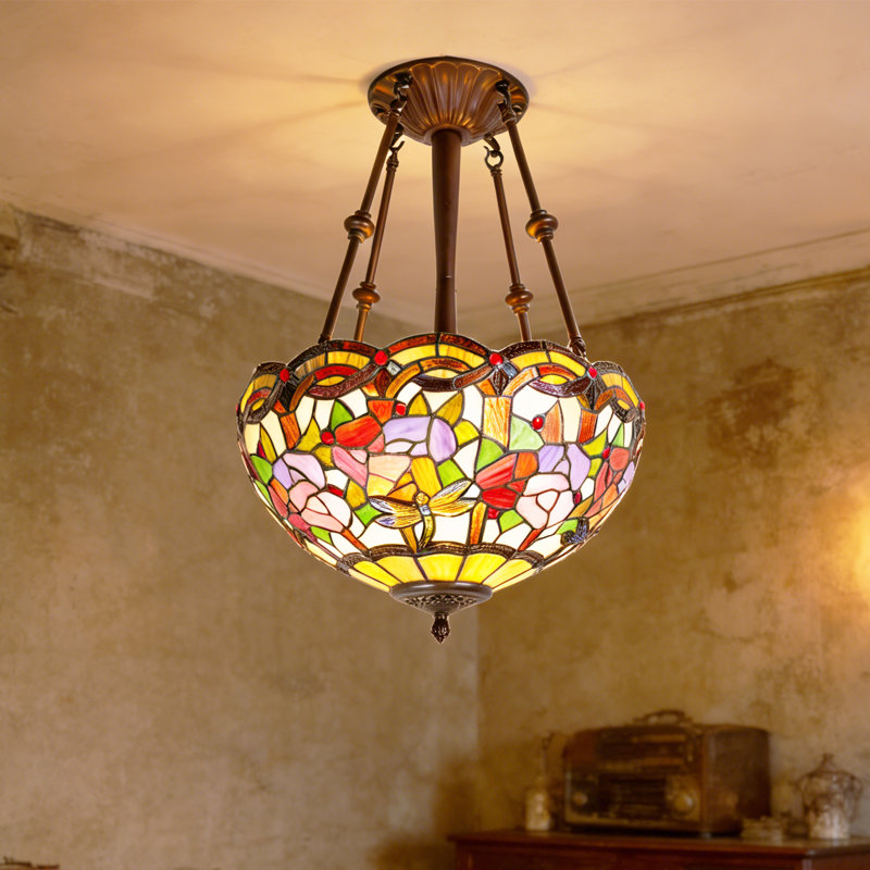 3 Light Dimmable Tiffany Style Dragonfly Semi-Flush Mount Ceiling Light Fixture, Pastoral Lotus Flower Stained Glass Chandelier