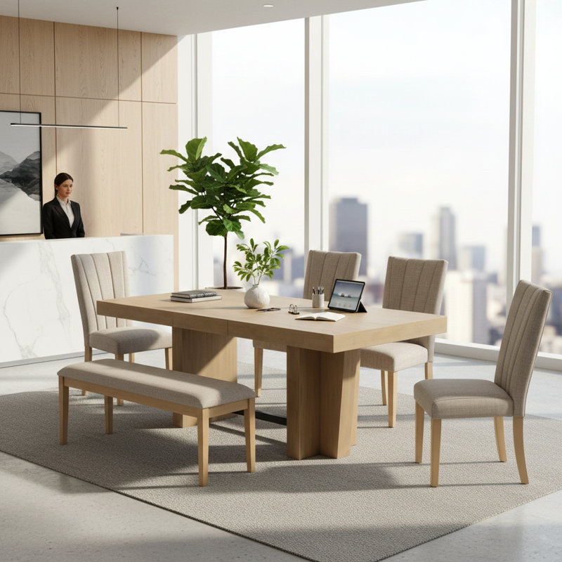 Ensemble de table de salle à manger extensible avec chaises rembourrées et banc en bois massif, 6 pièces, Naturel