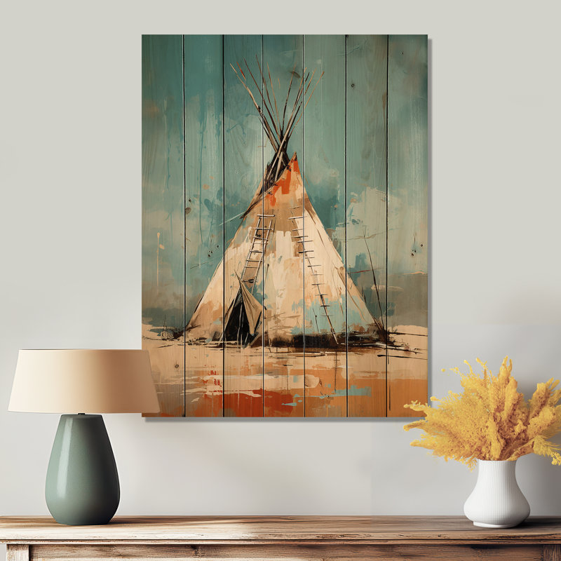 Turquoise beige tipi natif de chuchotements d'esprit sur bois, H 32 po x l 24 po x P 0,78 po