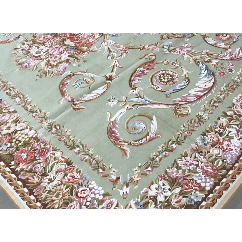 Tapis vert et brun noué à la main de haute qualité