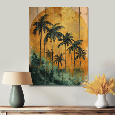 Emerald Palm Trees On Golden Tropical Sunrise I - Palms & Palm Trees Wood Wall Art