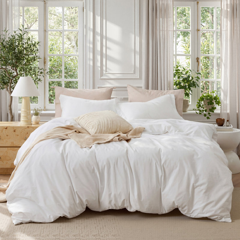 Bedsure 100% Washed Cotton Duvet Cover Twin Set - Minimalist Cotton Beding Set For All Season（set of 3）, Natural White