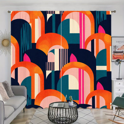 2 Pieces Abstract Geometric Arch Pattern Light Filtering Curtain with Vibrant Color Block Design, Mid-Century Modern Decor, Easy Hang Rod Pocket for Living Room Bedroom Study Cabinet
