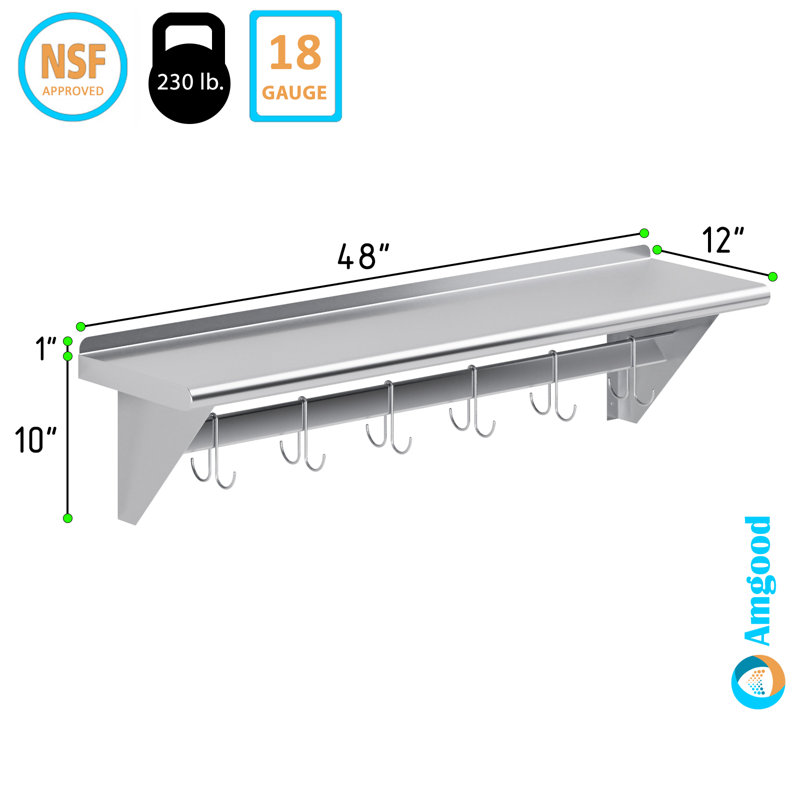 12 in. x 48 in. Stainless Steel Wall Mounted Pot Rack with Shelf and 6 Double Sided Hooks