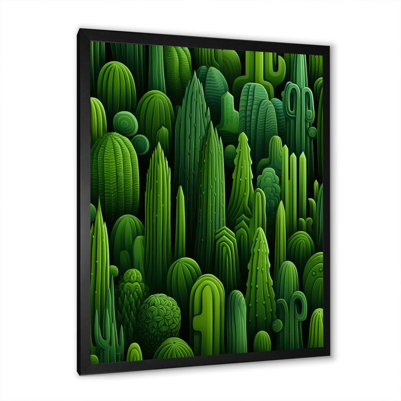 «Green Cactus Desert II - Floral Cactus», art mural, Cadre simple noir, H 32 po x l 24 po x P 1 po