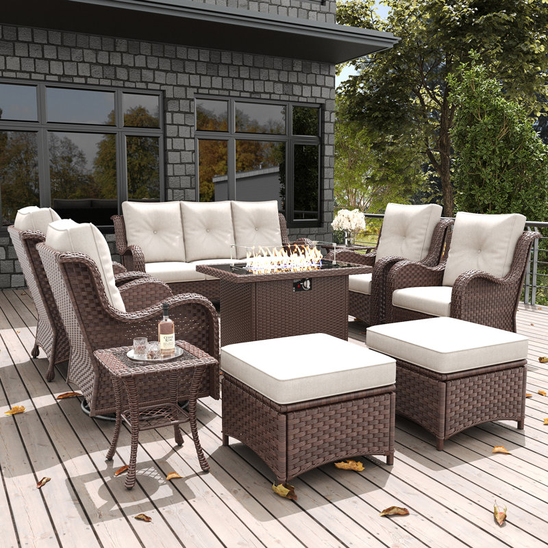 LayinSun 10 Pieces Outdoor Patio Furniture Set With 44'' Propane Fire Pit Table, Beige, Brown
