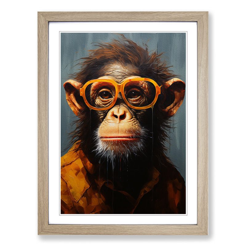 Monkey With Glasses No.2 - Single Picture Frame Print on Wood, Oak, 46cm H x 34cm W x 2cm D