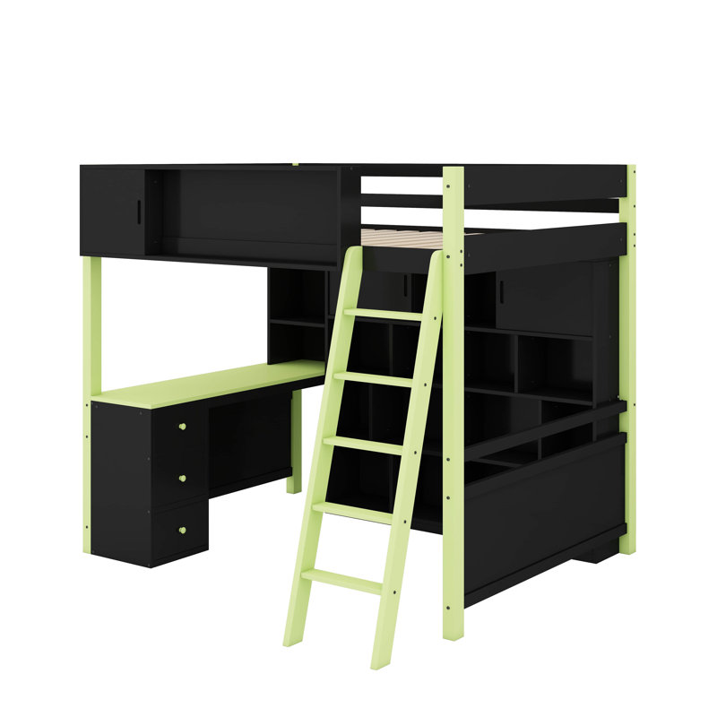 Structure de lit mezzanine en bois pleine grandeur avec bureau et grand espace de rangement, lit de jeu avec barrières de sécurité légères et pleine longueur