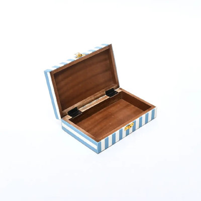Boîte de rangement décorative rayée bleue et blanche en résine, boîte à souvenirs rectangulaire en bois de manguier massif pour organisateur de bijoux à distance, boîte d'appoint bord de mer pour table basse de coiffeuse