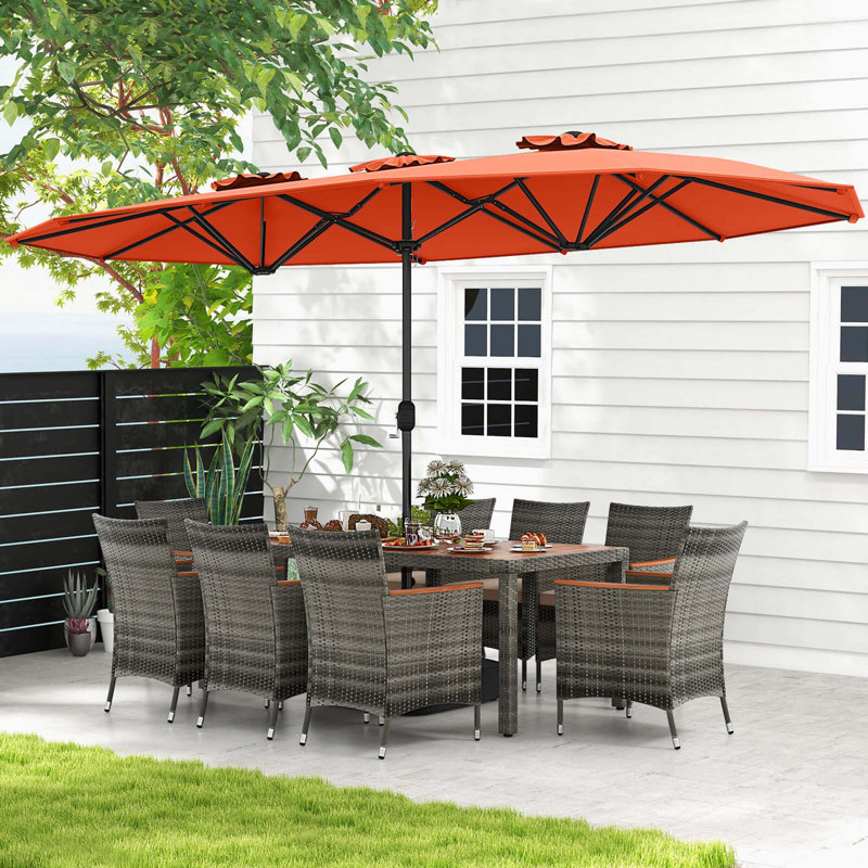 Red Barrel Studio® 10 Pieces Patio Wicker Dining Set With Double-sided Patio Umbrella 8 Armchairs Coffee, Orange