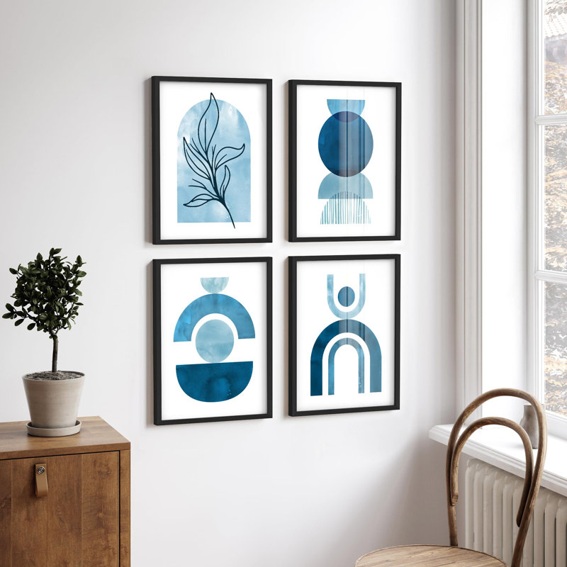 "Décoration murale minimaliste de formes géométriques bleues modernes" - 4 pièces, Noir, H 14 po x l 11 po