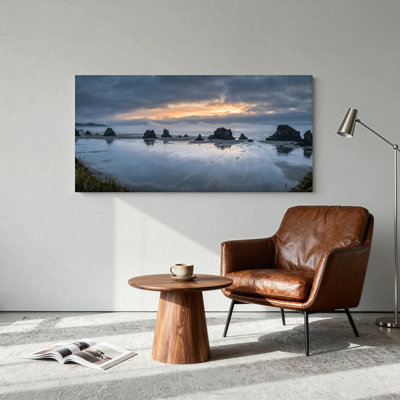 Ensemble de 1 tableau sur toile représentant un coucher de soleil sur la côte