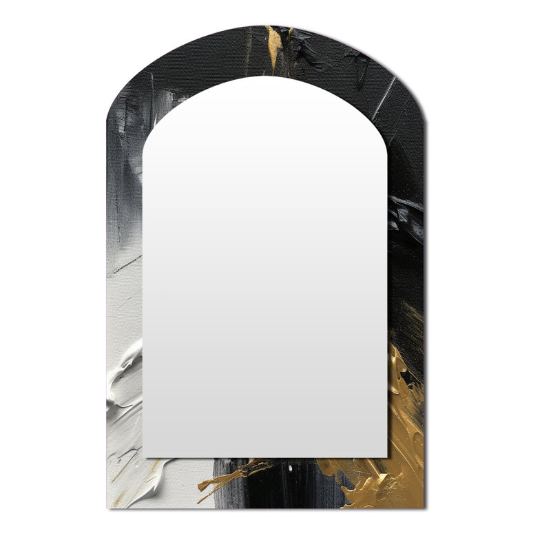 Exquis Darling Gold, vague abstraite sur fond noir I - peinture abstraite grand miroir mural asymétrique, miroir arche unique moderne, impression sur métal