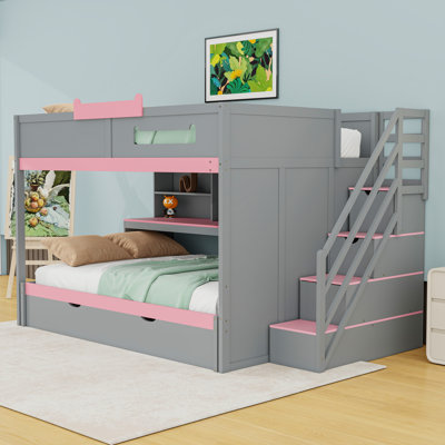 Full Over Full Wood Bunk Bed With Twin Trundle, Shelves, LED Light And Stairs