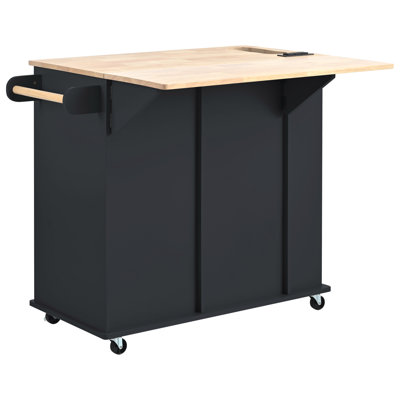 Kitchen Island with Power Outlet,Kitchen Storage Island with Drop Leaf and Rubber Wood,Open Storage and Wine Rack,5 Wheels,with Adjustable Storage for Home, Kitchen, and Dining Room