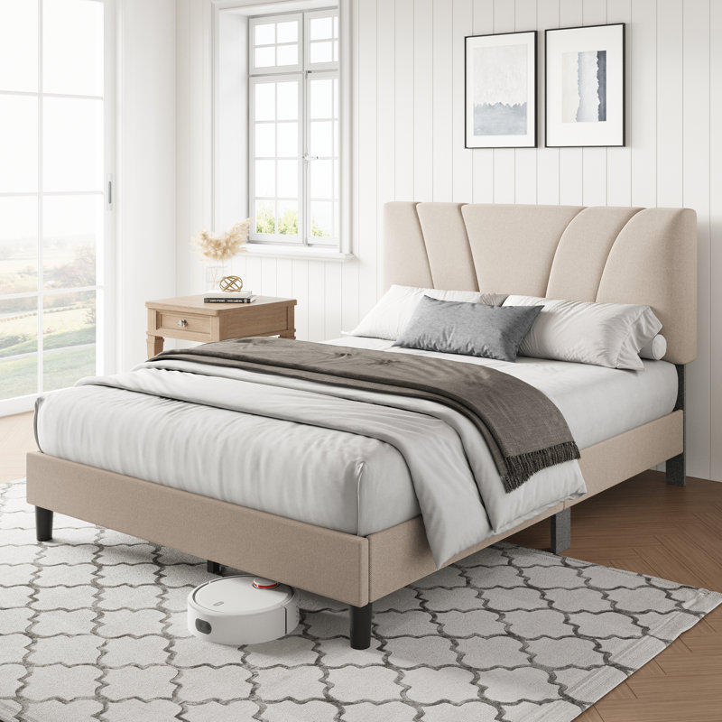 Lit plateforme tapissier avec tête de lit ajustable, Beige, Grand