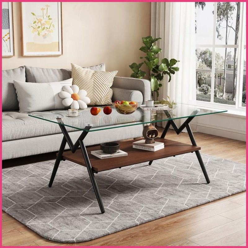 Stylish Tempered Glass Coffee Table with Black Legs – Easy-Clean, Sturdy for Living Room, Clear, Black