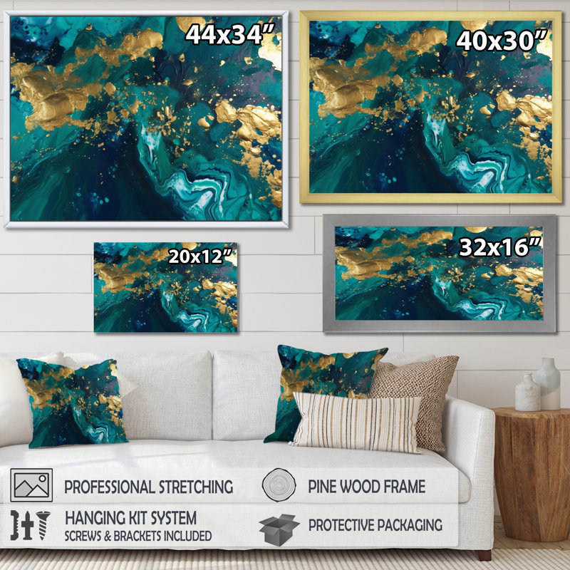 Bleu sarcelle et or liquide Magic II - art mural abstrait, H 12 po x l 20 po x P 1 po, Cadre flottant noir