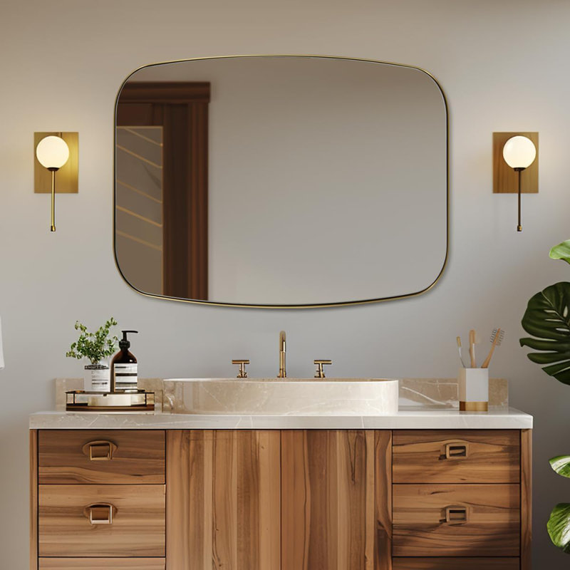 Modern Oblong Oval Bathroom Vanity Mirror | Stainless Steel Frame, Brushed Gold, 40" x 30"