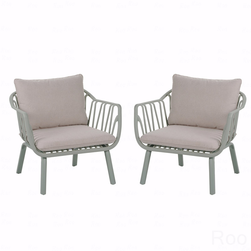 Set Of 2 Outdoor Patio Club Chair, PP Green Finish With Beige Cushion, Beige, Green