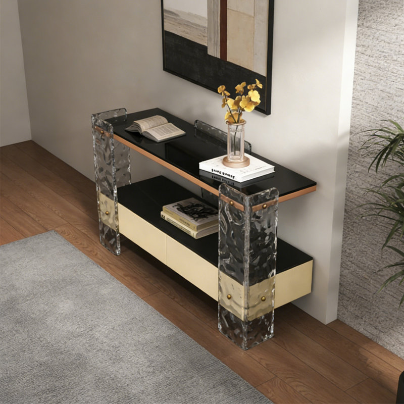 Console moderne à tiroirs en bois-acrylique, 21,65 po H x 39,37 po L x 15,75 po P, Transparent / kaki