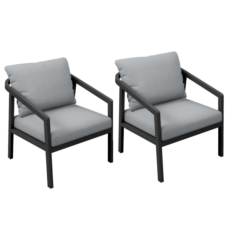 Ensemble de 2 fauteuils d'extérieur noirs en aluminium avec coussins, Grey, Black