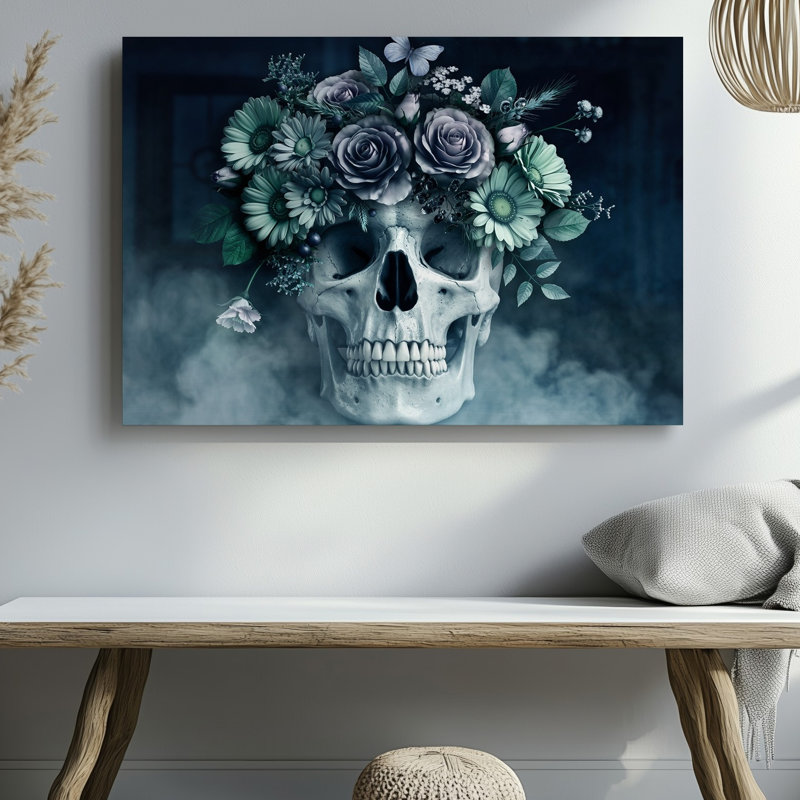 Toile, une scène d'atmosphère sombre avec un crâne orné d'un art mural, arrangement complexe de fleurs et de plantes variées, art mural