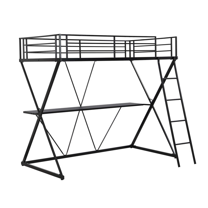 Lit mezzanine avec bureau, échelle et garde-corps pleine longueur, structure en forme de X