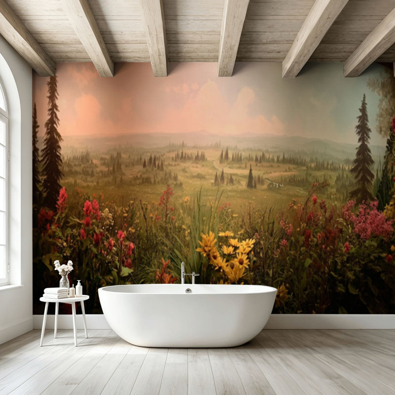 Papier peint adhésif pelez et collez Serene Wildflower Field, Forest View, brouillard doux, art mural, 99.6" L x 144" W