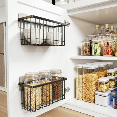 Adhesive Cabinet Door Organizer Set With Lid Holders And Storage Baskets, Wall Mounted Kitchen And Bathroom Organizer For Food Container Lids, Tumbler Lids, And Supplies