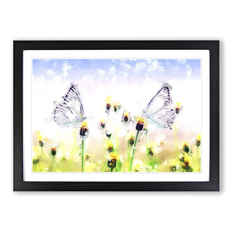Two Butterflies upon Yellow Flowers in Abstract - Picture Frame Painting Print, 62cm H x 87cm W x 2cm D, Black Framed