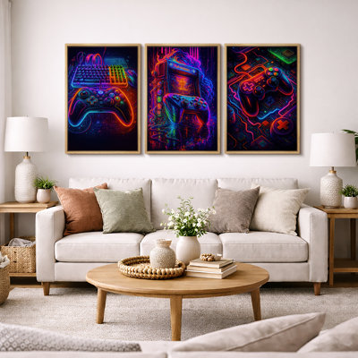 Neon Gaming Controller and Keyboard Artwork, Modern Game Room Pictures, Framed Canvas Giclee Print 3 Pieces Wall Art