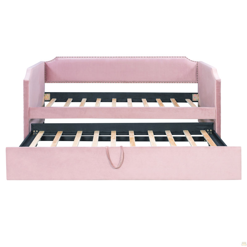 Twin Size Velvet Upholstered Daybed With Pop Up Trundle, Pink