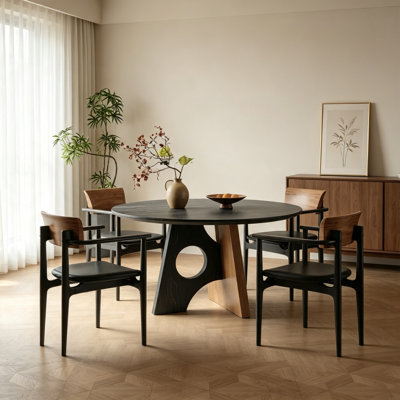 Retro Round Black Solid Wood Dining Table Set
