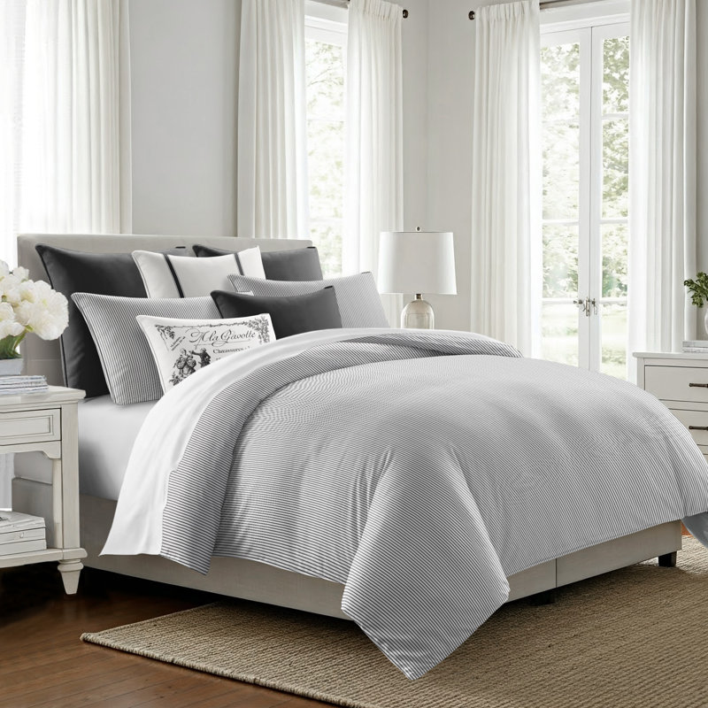 Jaxon Stripe Cotton Reversible Coverlet Set, Cal.King Coverlet/Bedspread + 2 King Shams, Ebony
