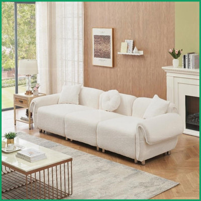 Canapé beige en velours 3 places avec 3 coussins - Style rétro de 112 pouces pour le confort du salon Durabilité