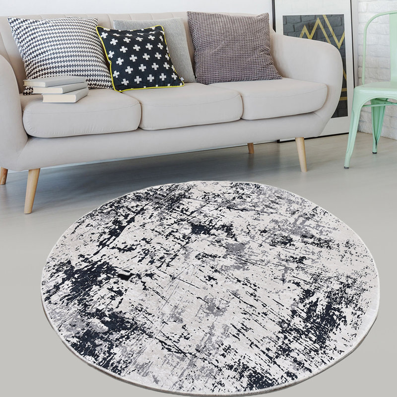 Gerbera Abstract Machine Made Polyester Blend Area Rug in Gray/Black, Round 6'7"
