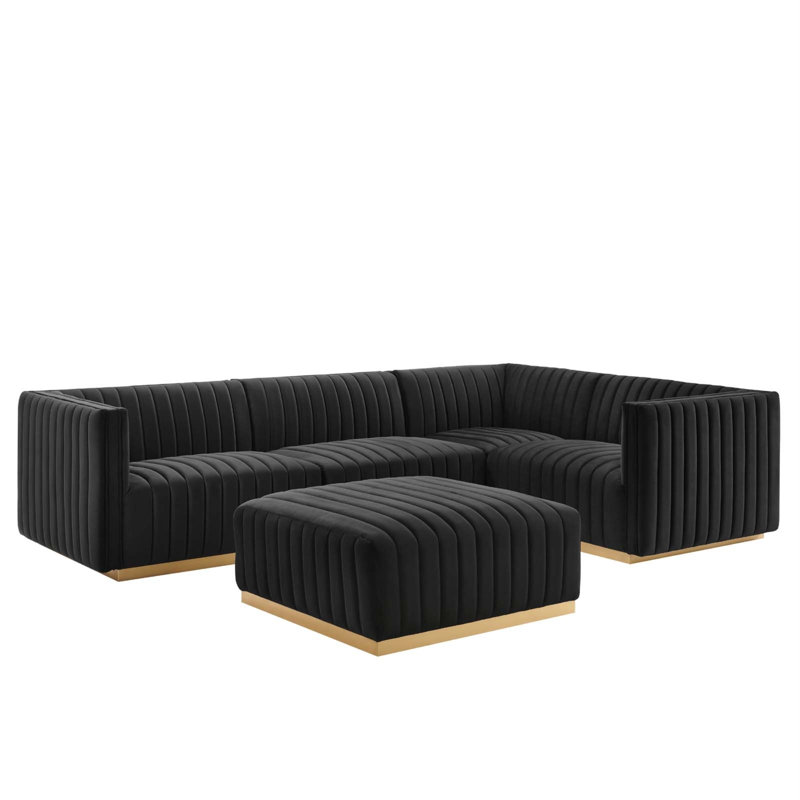 Canapé modulaire 5 pièces Conjure Channel, 100% polyester noir, Face à la droite