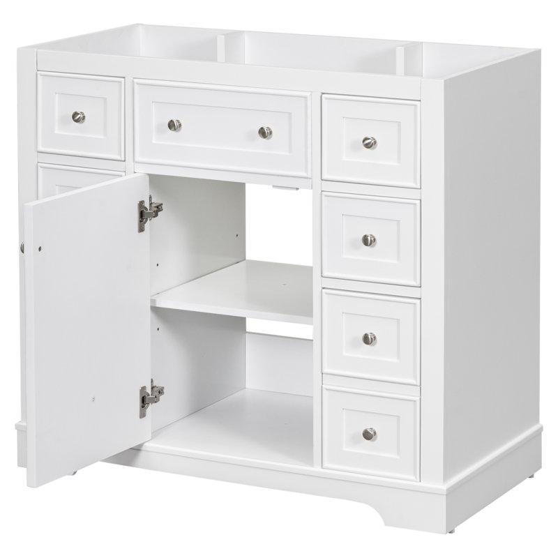 Meuble-lavabo 36 po sans lavabo, base d'armoire seulement, une armoire et six tiroirs, White