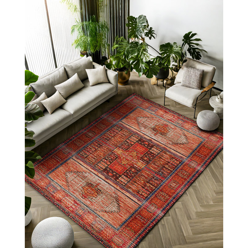 Tapis rouge en coton et polyester à imprimé numérique Nomad Spirit Collection, Rond 3 pi 4 po