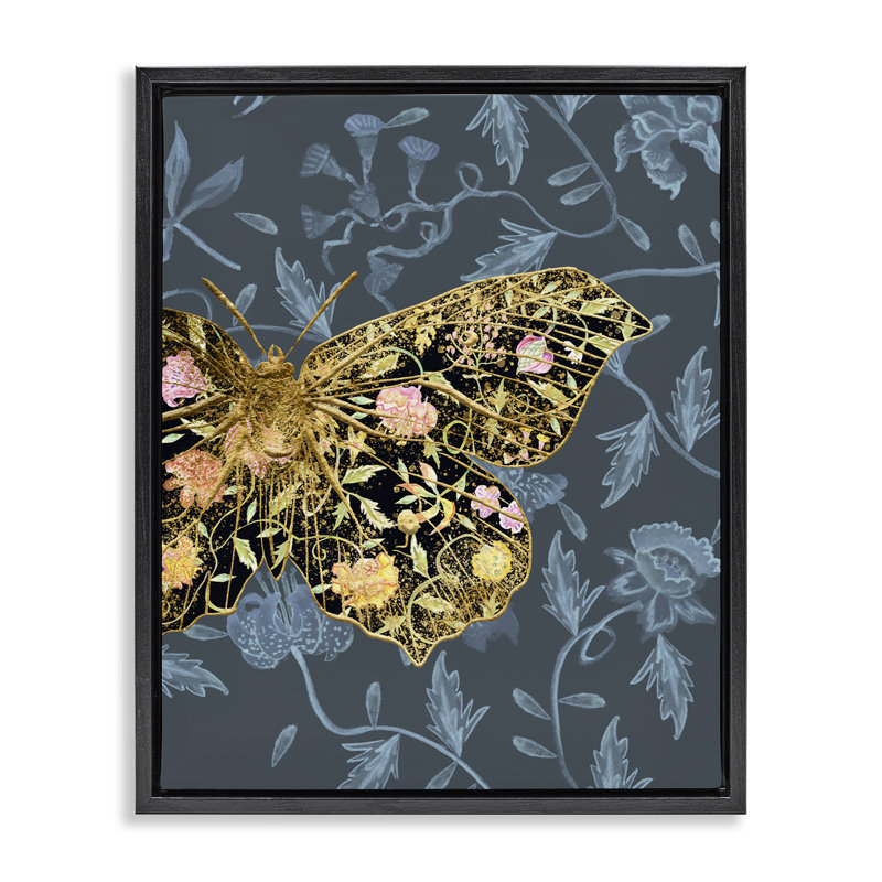 «Blue and Gold Butterfly» par Melissa Wang, H 21 po x l 17 po, Cadre flottant noir de jais