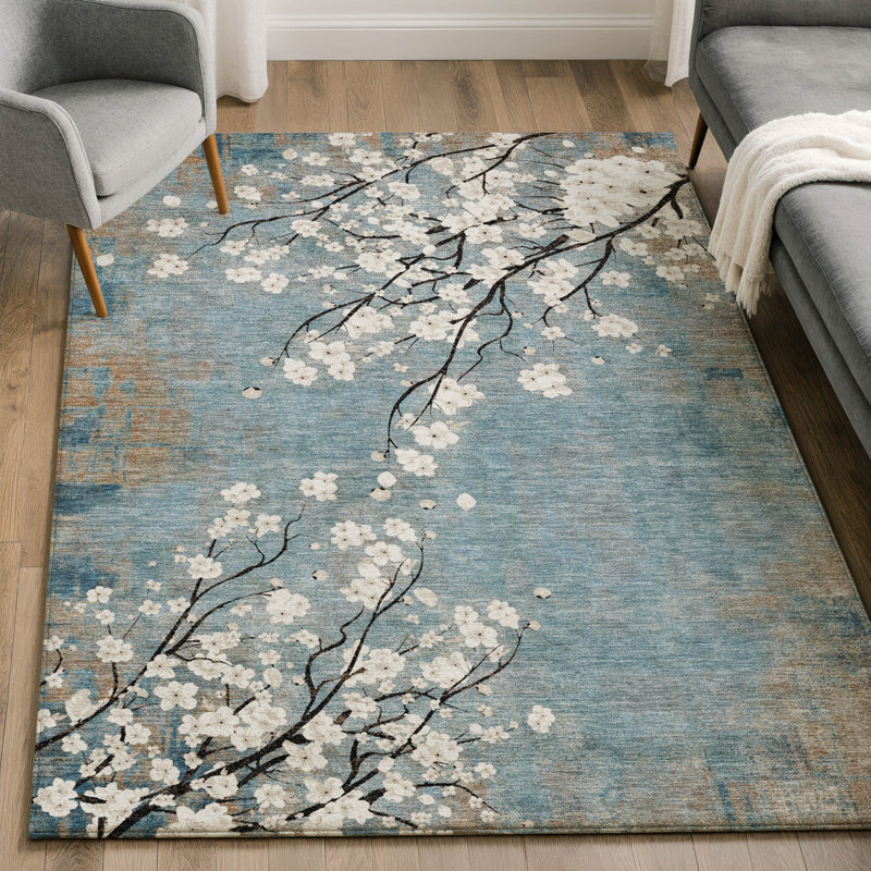 Tapis floral lavable à la machine de qualité supérieure Mayfield AMF2248, En jean, 8 pi x 10 pi