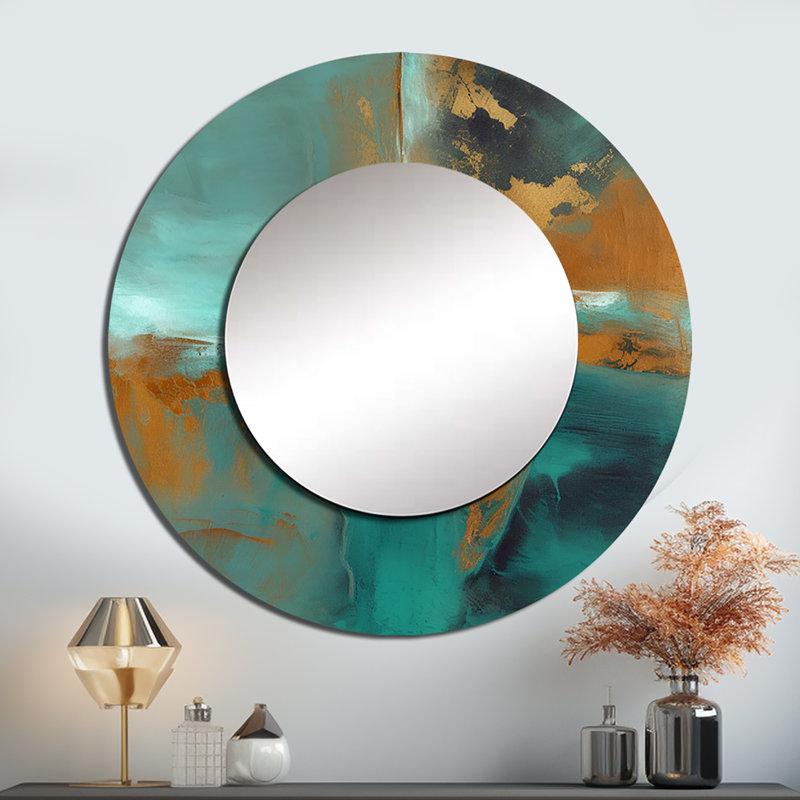 Teal Balance I - miroir mural abstrait, miroir décoratif rond moderne, impression d'art en métal, 36 po x 36 po