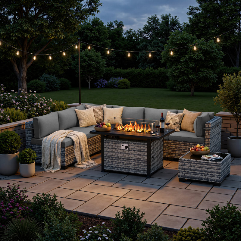 8-Piece Modular Outdoor Sectional Seating Set With Propane Fire Pit Table And Cushions, 3 Pcs: Sectional, Fire Pit, Table